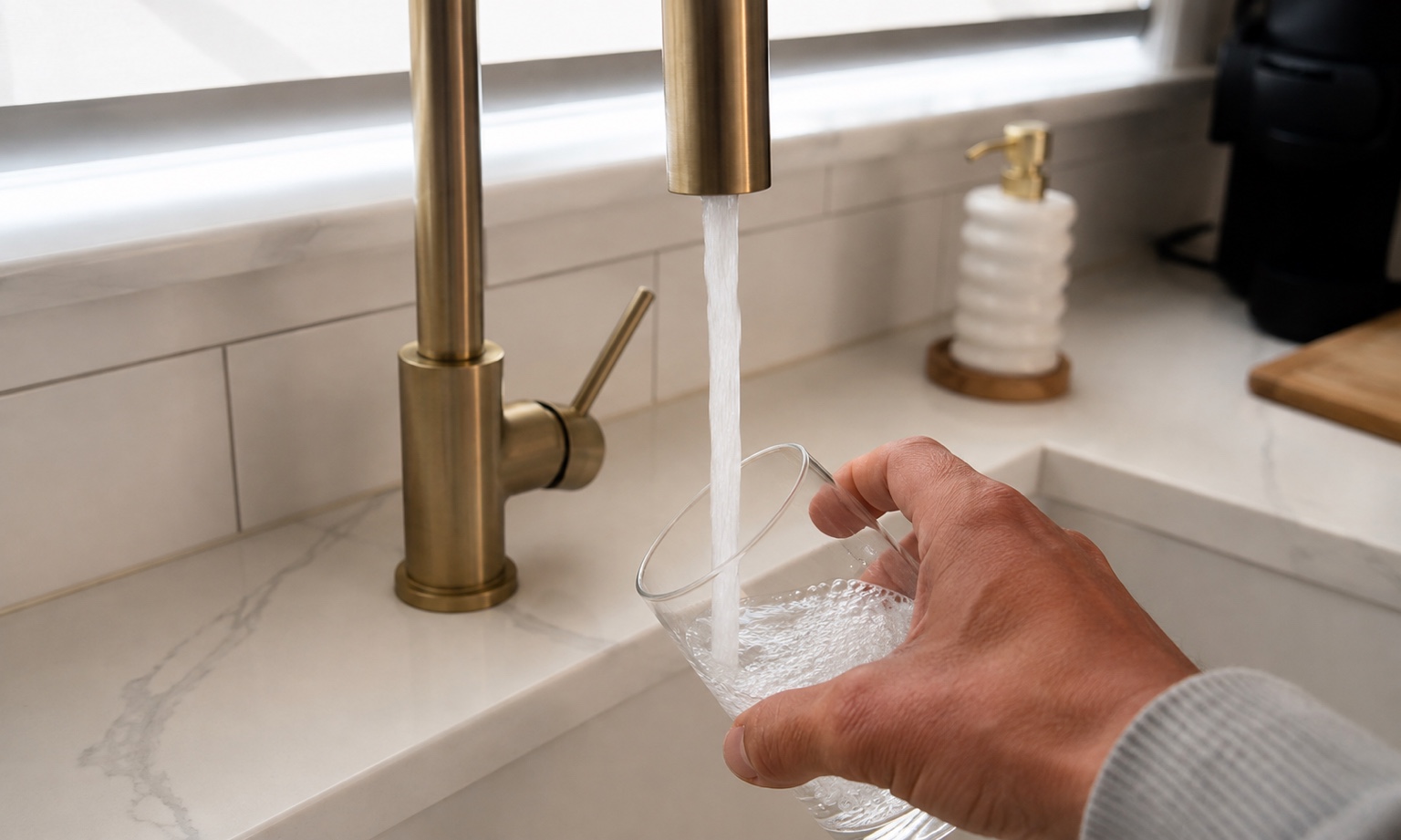 Filtered water from a brass kitchen tap being poured into a glass in a Melbourne home