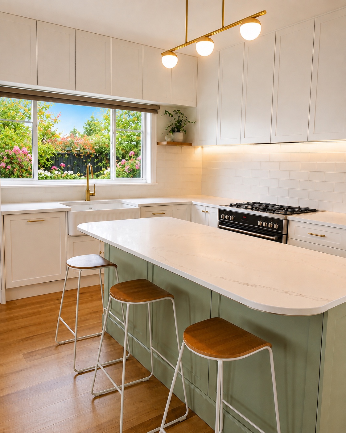 Modern Melbourne kitchen with farmhouse sink and brass mixer tap